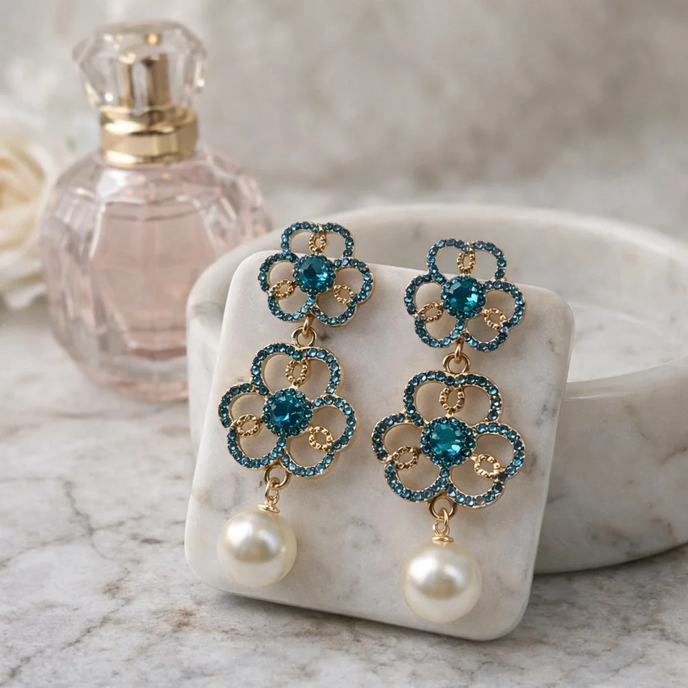 Mint Blue Rhinestone Flower Drop Earrings Gold Tone Faux Pearl Statement